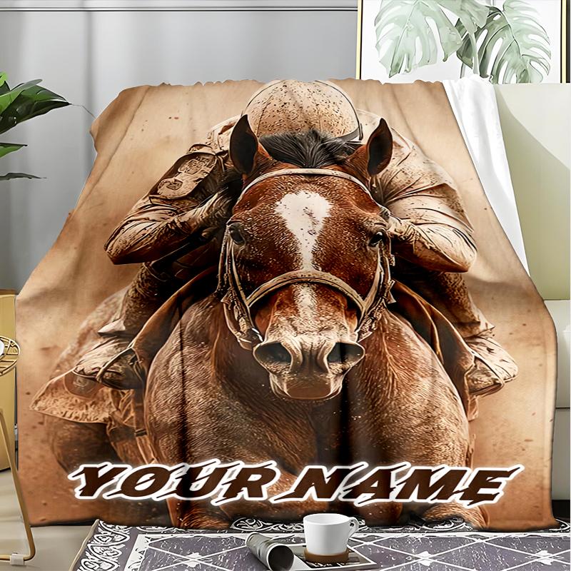 1PC Custom Name Rider Horse Action outdooor Flannel blankets Throw Blanket All-Season Throw Gift Bedspread for Couch, Bed, Camping Holiday Birthda