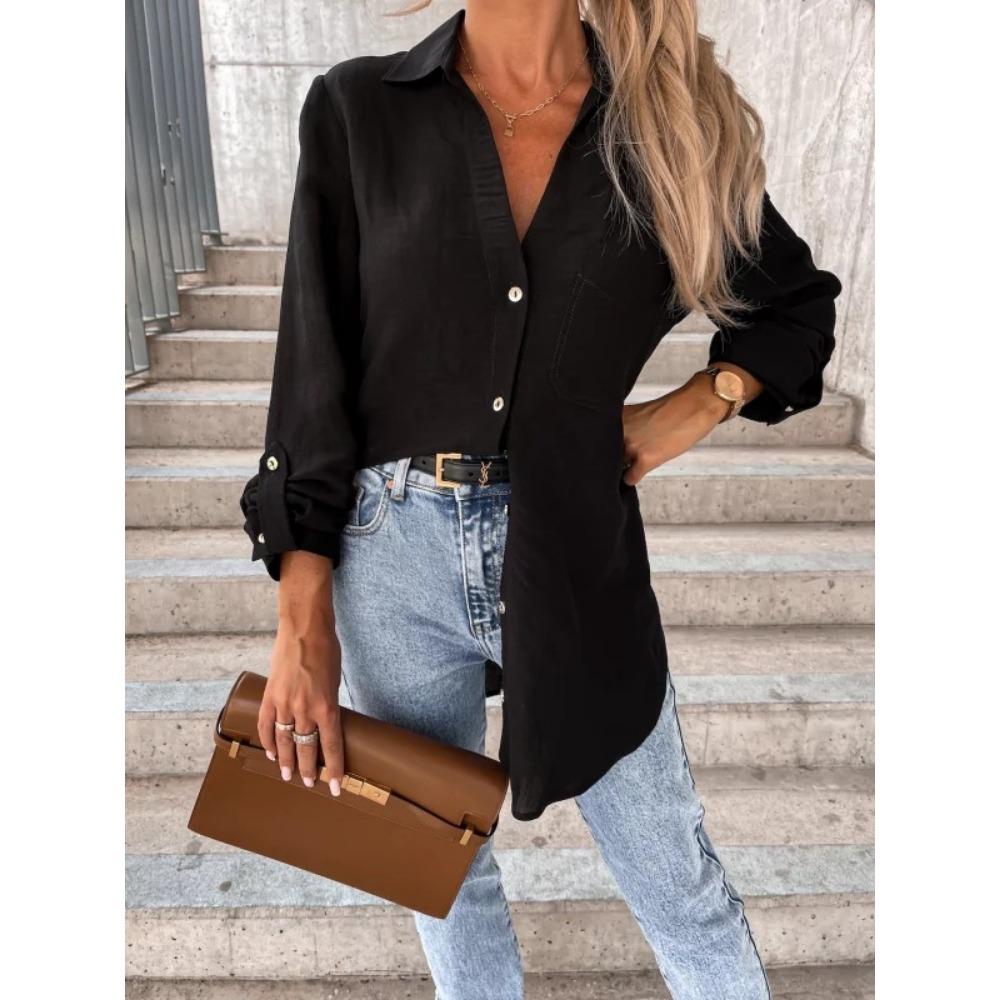 HNXC Moda damă ocazional toamnă iarnă imprimeu culoare uni cu mânecă lungă cu gât POLO Bluze și cămăși