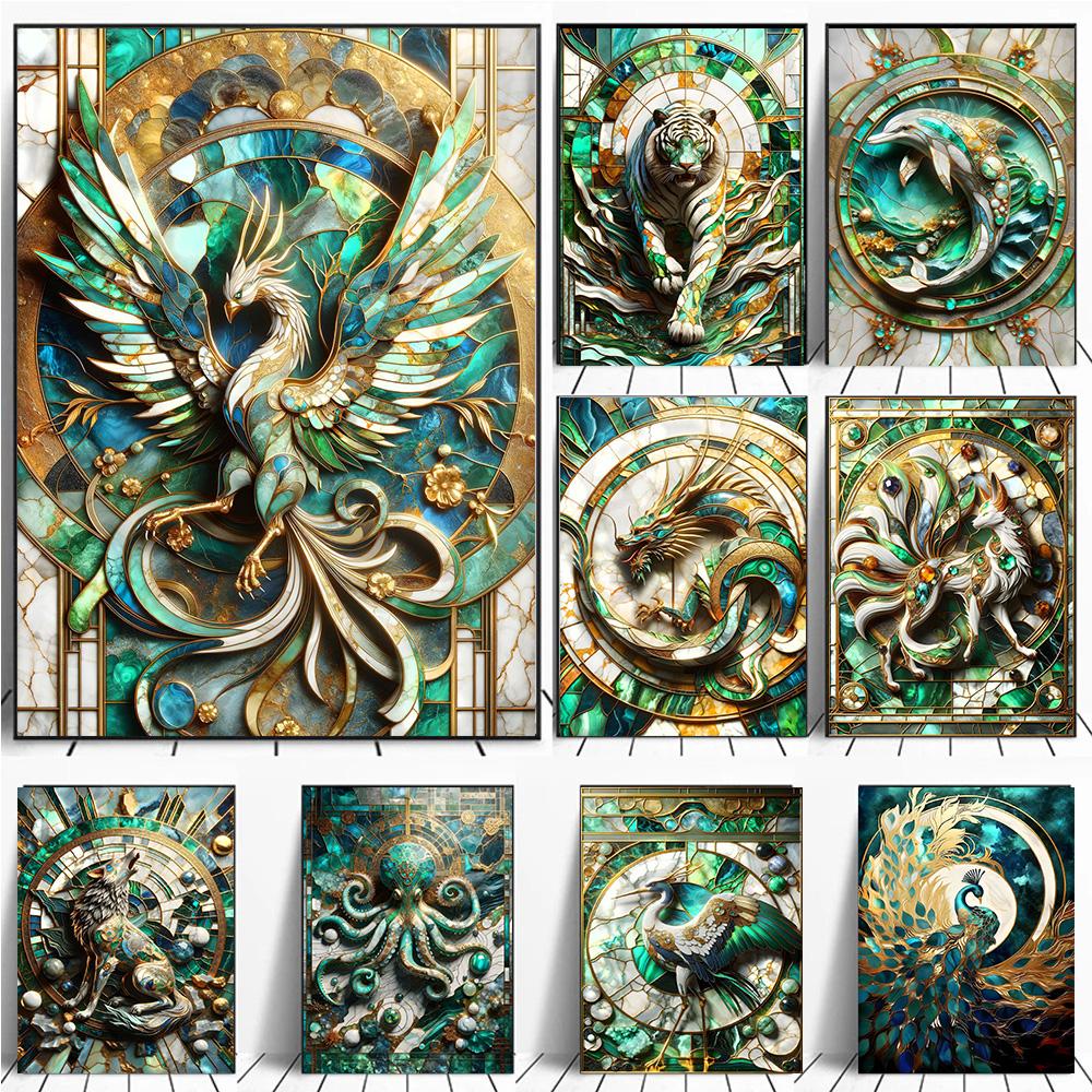 Fantasy Gorgeous Emerald Jewelry Gold Animal Prints Poster Canva Painting Modern Wall Art Picture Living Room Bedroom Home Decor