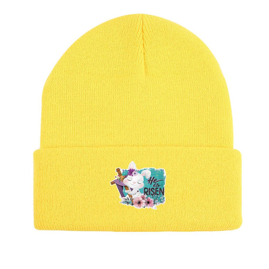 HE IS RISEN" Rabbit Print Knitted Cap Beanie, Easter Skull Cap Cancer Chemo Winter Sporting Headwear Knit Hat Beanie
