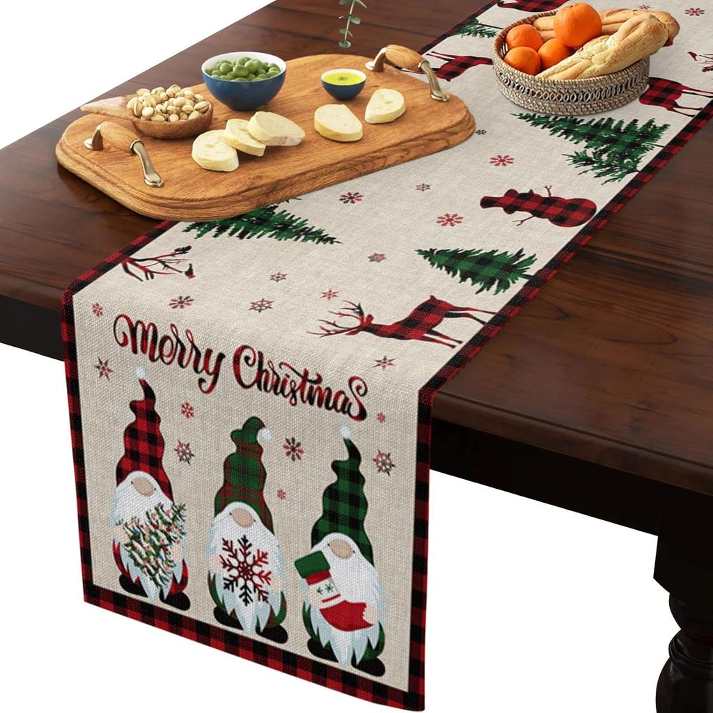 Merry Christmas Gnome Table Runner 70 Inches Long,Xmas Tree Elk Farmhouse Buffalo Plaid Table Runner,Winter Snowflakes Retro Linen Dresser Scarves