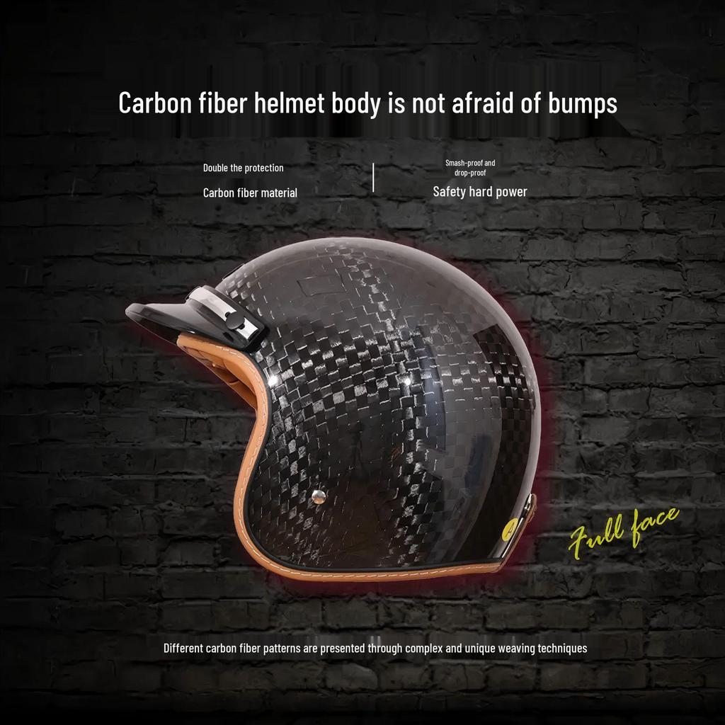Retro Carbon Fiber Motorcycle Helmet, Three-Quarter Design for Men and Women