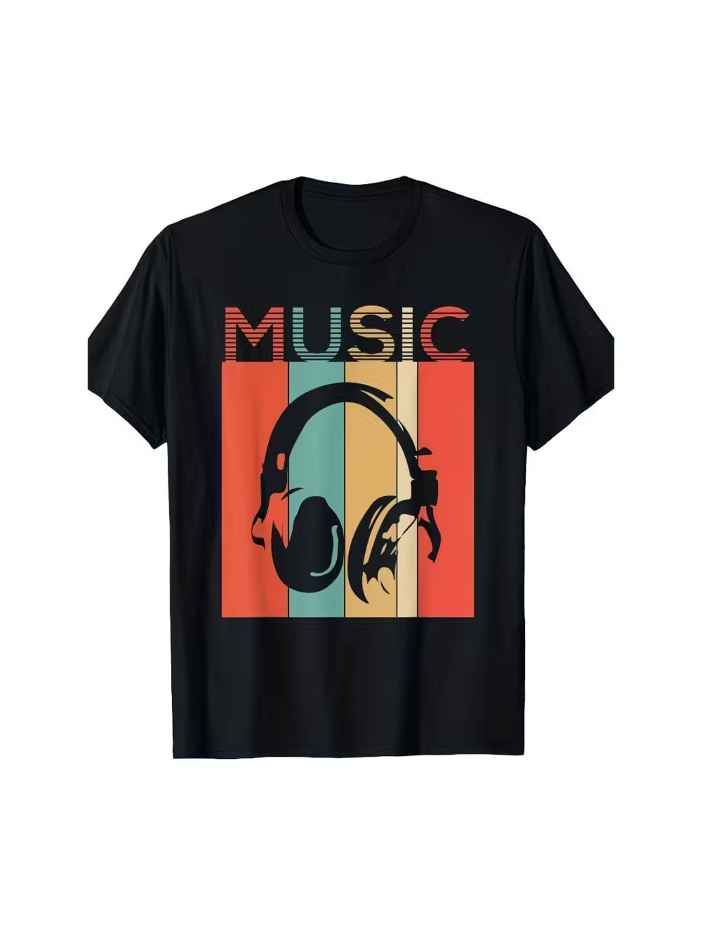 

Vintage Headphones Graphic T-Shirt- 100% Cotton Casual Short Sleeve Tee with Bold MUSIC Design XXXL