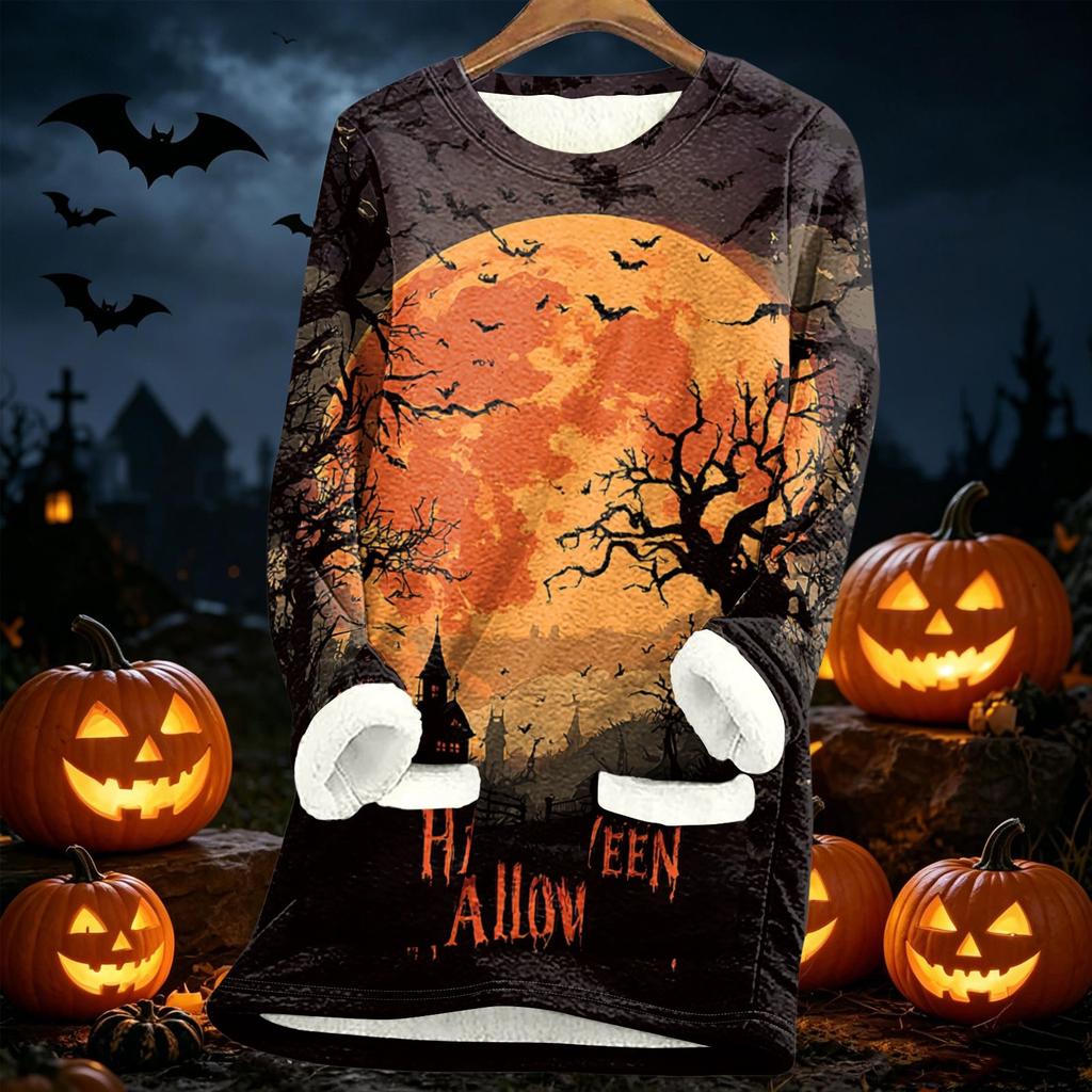 Women Long Sleeve Fleece Lined Tunic Sweater Dress with Halloween Print Soft Warm Thickened Sherpa Pullover for Autumn Winter