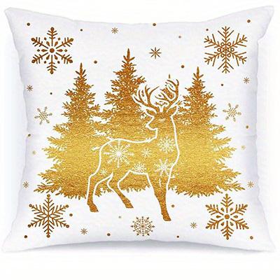 Short Plush Material Pillowcasehome Decor Golden Christmas-Themed Pillows With Festive Patterns Pattern Cushion Cover Suitable F