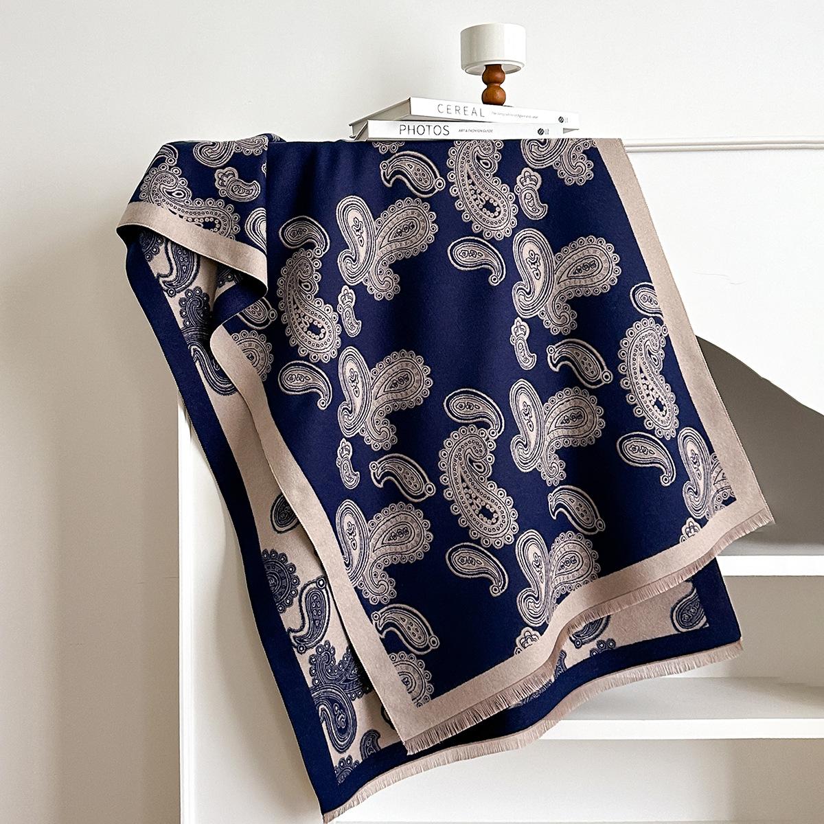 

Европейский и корейский осенне-зимний двусторонний шарф из имитации кашемира с узором «цветы кешью», элегантный, высококлассный, двойного назначения, теплый шарф для женщин 185x65cm синий