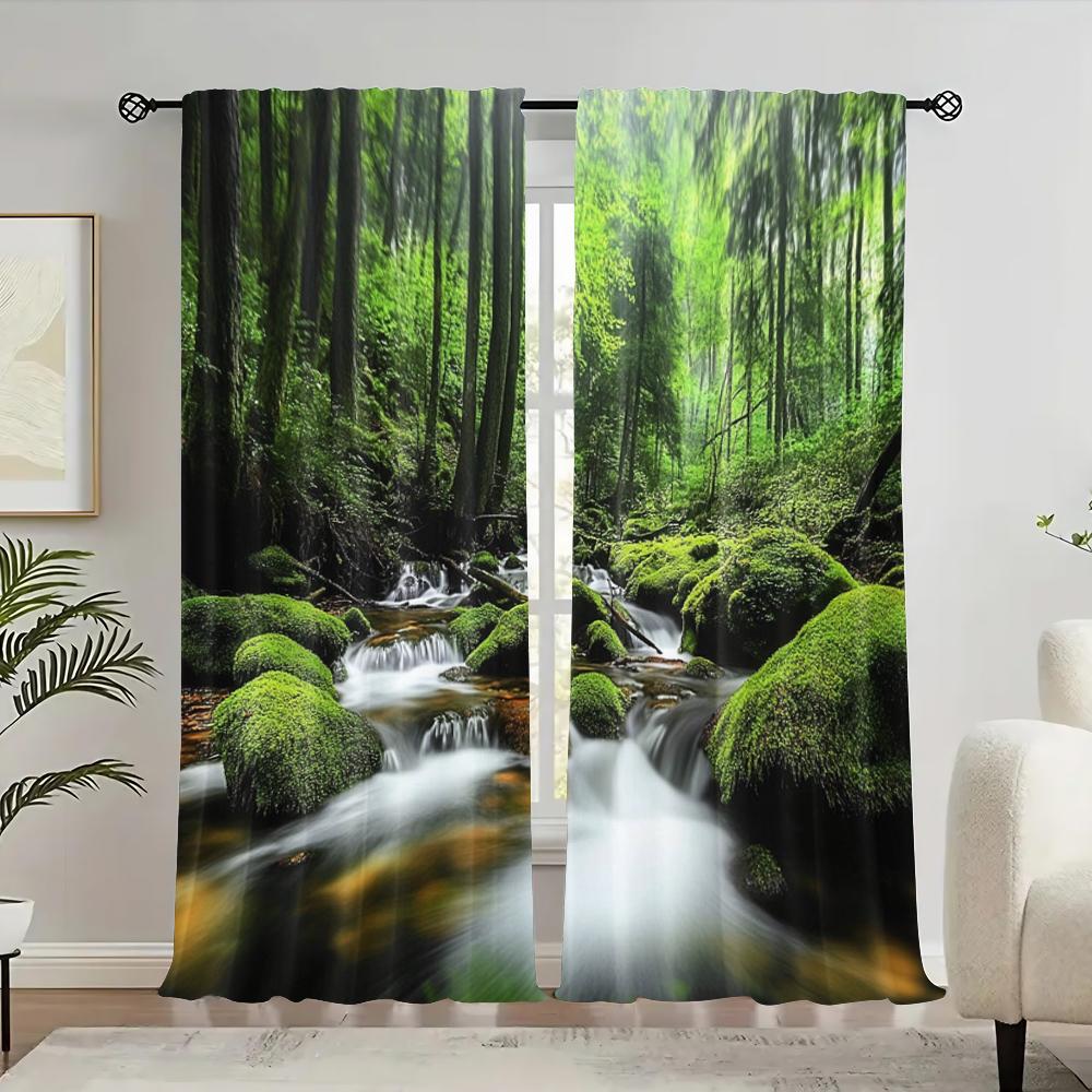 2Pcs Forest Curtains Spring Nature Landscape Theme In Tropical Forest Decorative Curtains For Bedroom Living Room A