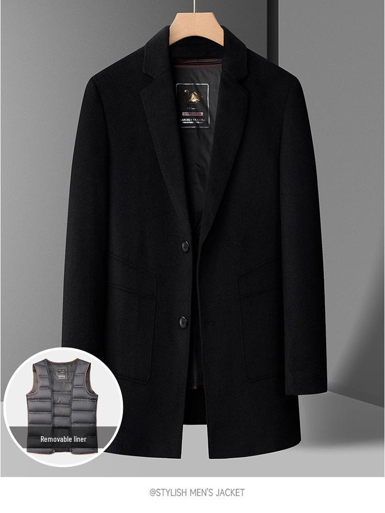 Herren Mittellanger High-End Kaschmirmantel mit abnehmbarem Daunenfutter und Anzugkragen für Herbst/Winter.