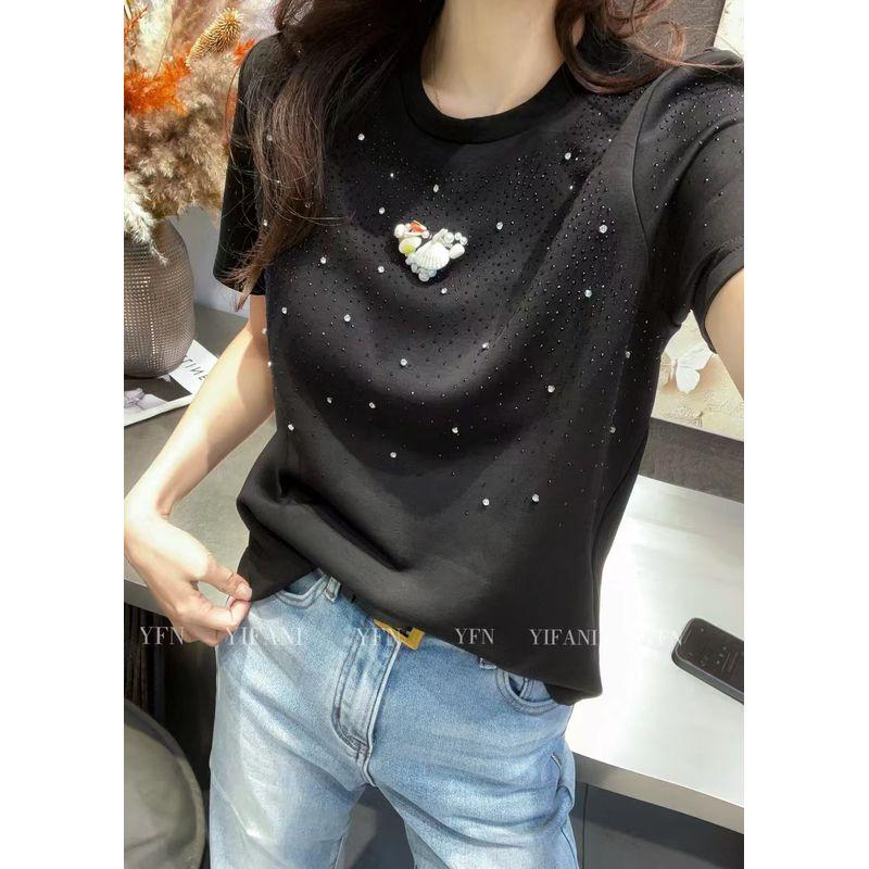 Area Water Soluble Drill! Easiest for Match Girls' Fashionable round Neck Short-Sleeved Stretch Cotton Flash Heart T-shirt All Year Round Wearable