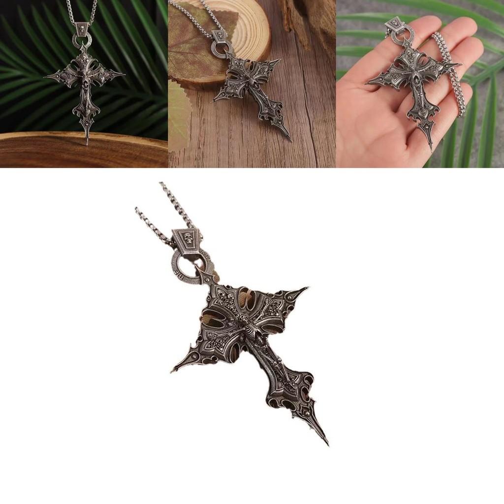 Unique Vintage Gothic Cross Skull Pendant Necklace With Eye-catching Pearl Chain Design