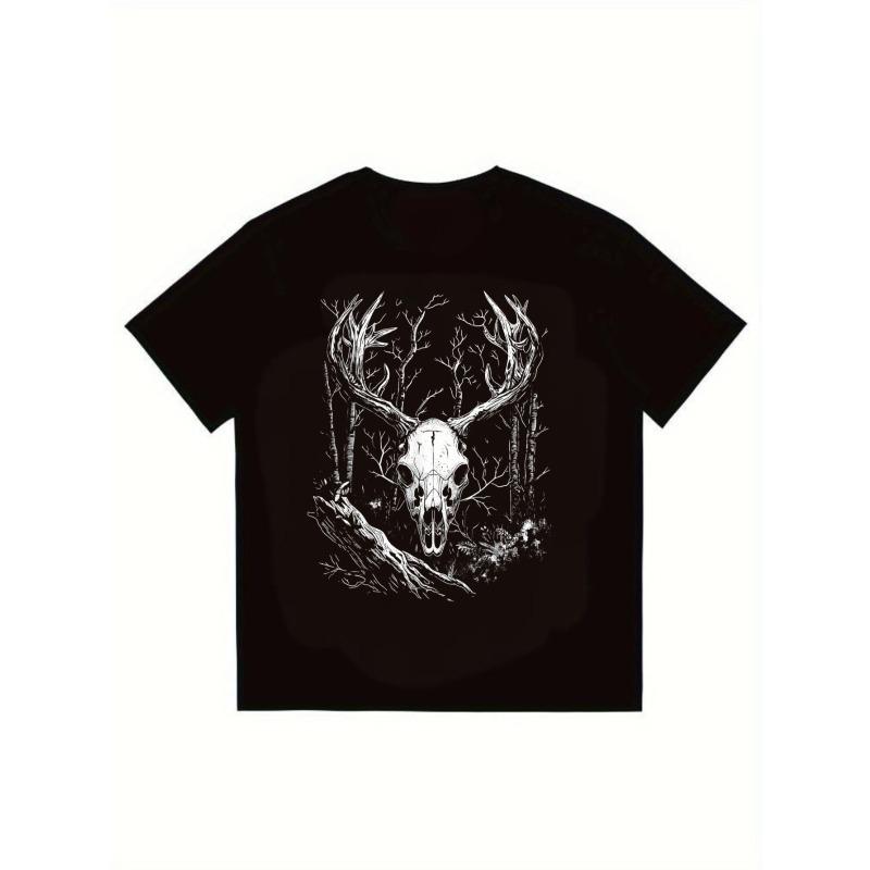 

Black T Shirt Men Deer Skull Forest Print Casual Streetwear Fashion Top Outdoor Adventure Hunting Theme Graphic Tee Unisex Oversized Fit XXXXL