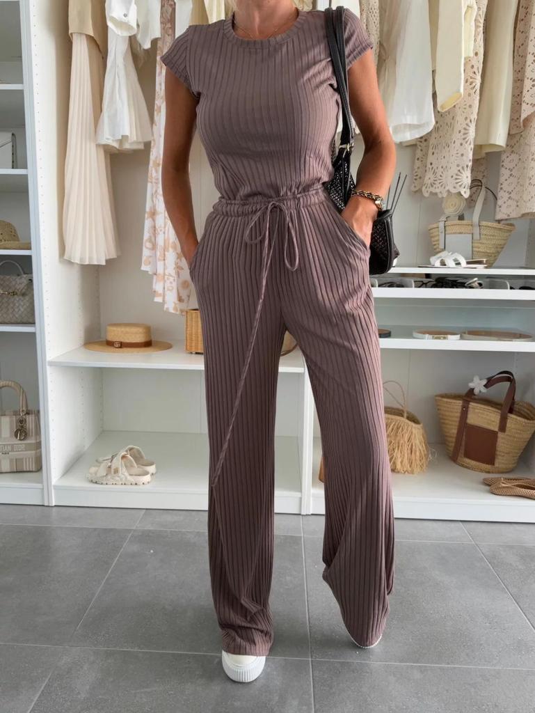 2025 European & American Casual Knitted Set: Short-Sleeve Top & Wide-Leg Pants