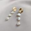 New natural keshi freshwater pearl earrings women's French retro irregular broken silver temperament long stud earrings