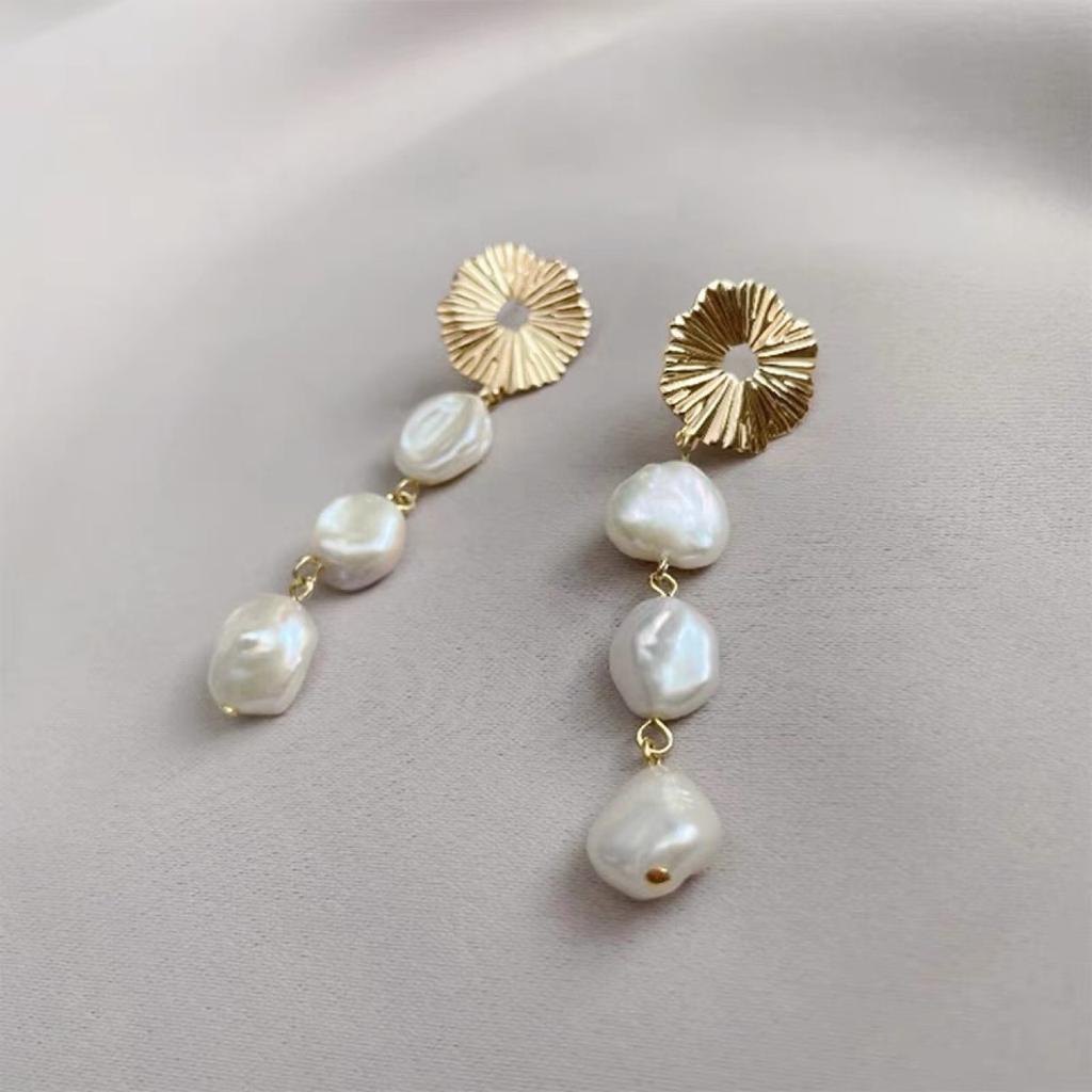 New natural keshi freshwater pearl earrings women's French retro irregular broken silver temperament long stud earrings