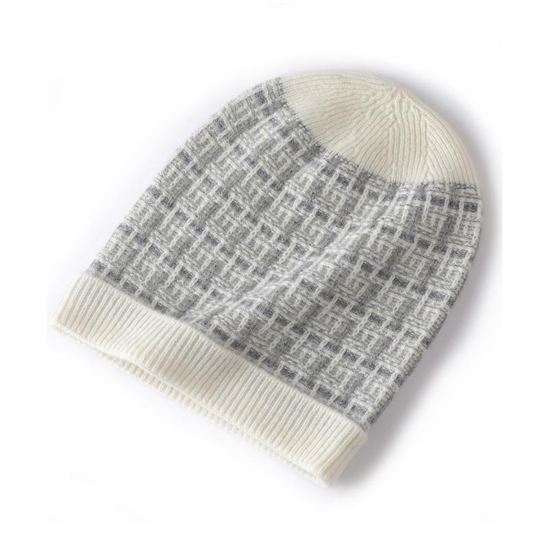 Women Colorful Silk Pure Cashmere Knit Beanie Hat Warm Winter Fashion Checkered Pattern Headwear Soft Cozy Casual Cap Dedicate