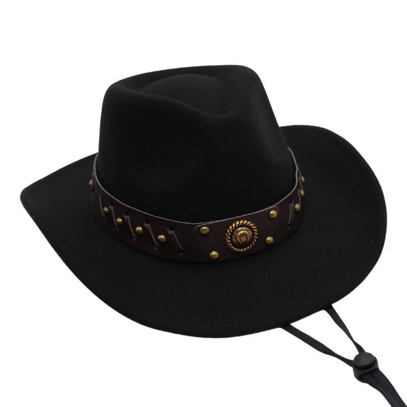 Western Cowboy Hat Tibetan Top Hat Felt Jazz Hat Rolled Edge Felt Hat Rivet Belt Buckle Metal