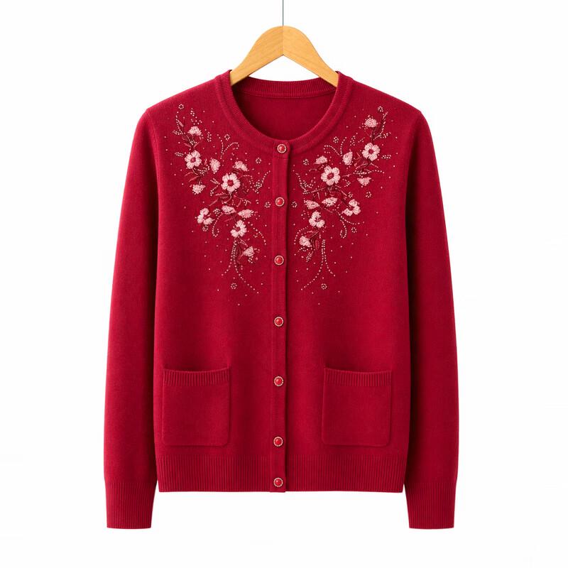 Women's Floral Embroidered Knitted Cardigan for Seniors