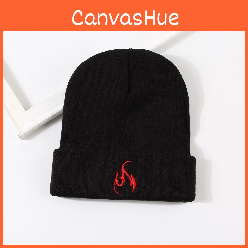 New Fashion Flame Embroidery Warm Knitted Hat Winter Couple Ear Protection Beanie