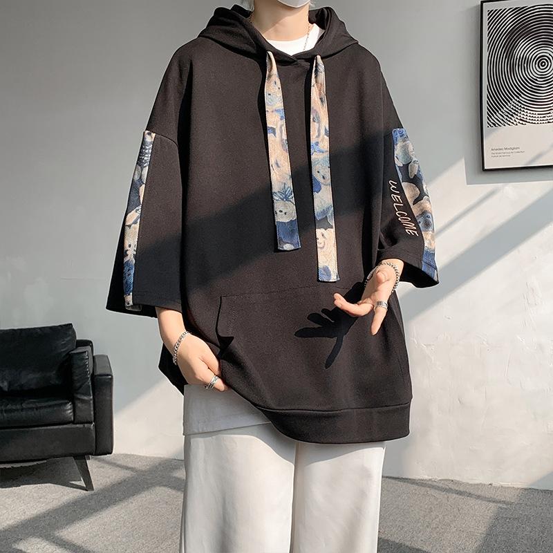

Men Bear Print Patchwork Half Sleeve Hoodie Casual Loose Fit Streetwear Top M чёрный
