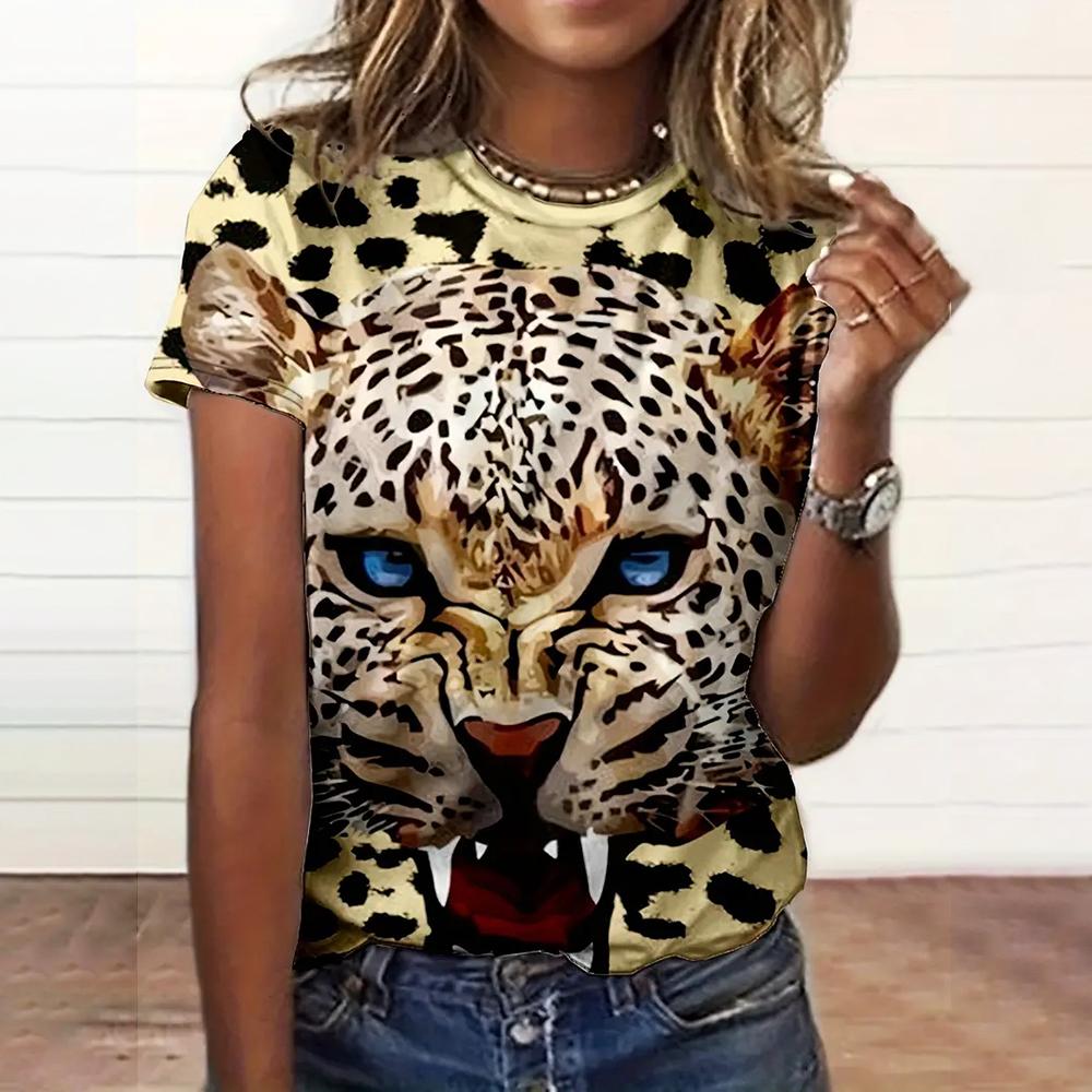 

Женские модные футболки с коротким рукавом, 3D леопардовый принт, топы, футболки, весна и лето, дышащие женские повседневные пуловеры и блузки L
