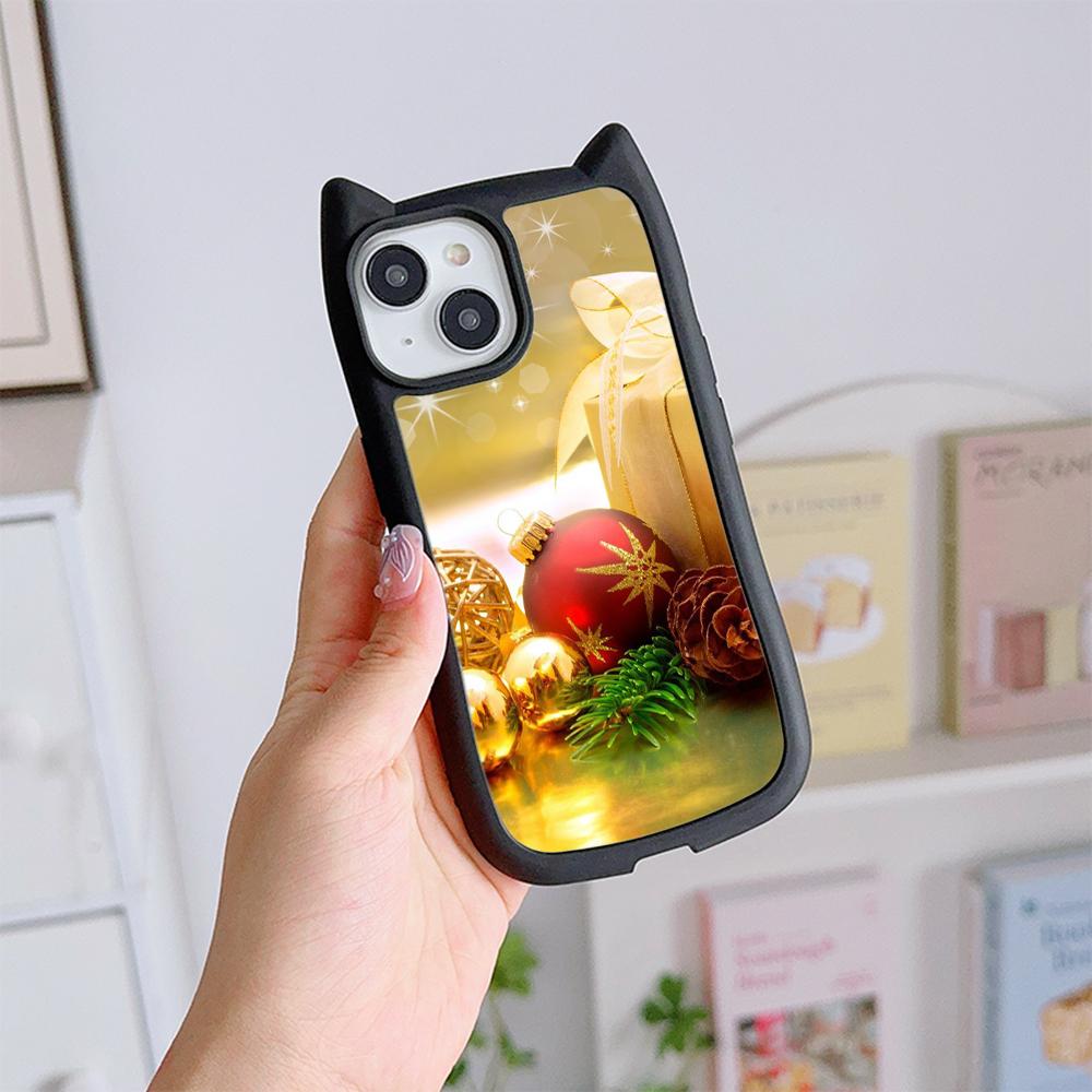 Cat Ear Soft Phone Case for iPhone 16 15 14 13 12 Pro Max Anti-Drop Transparent Acrylic Back Cover NY36 New Year Christmas Santa Claus Christmas tree