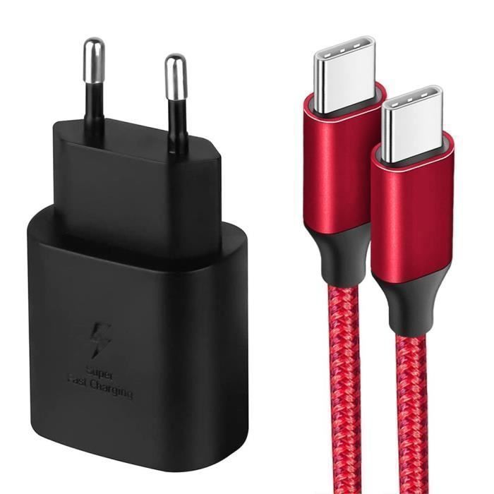 Chargeur Rapide USB-C 25W - iPhone - Câble Nylon 1M - Compatible iPhone 17/16/15- Rouge/Noir