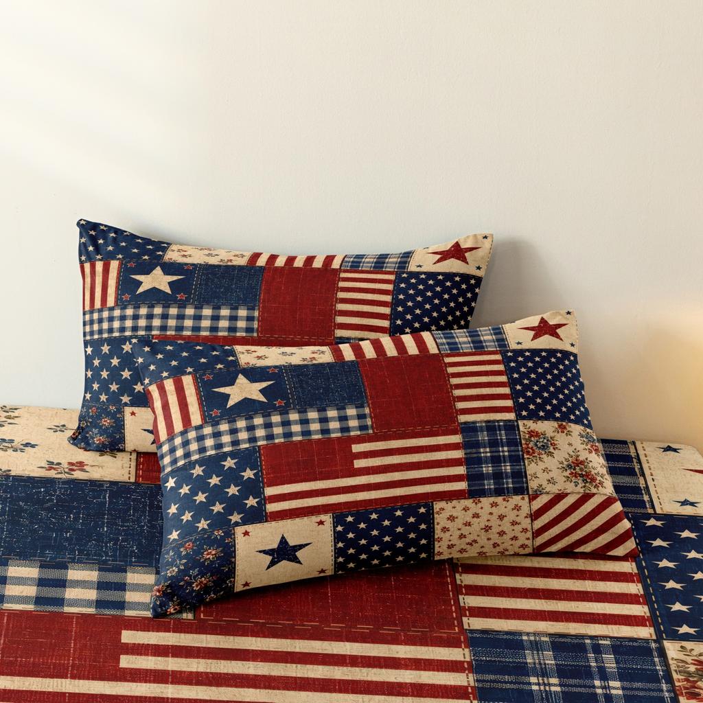 3-teiliges Vintage Geometrie Amerikanische Flagge Bettbezug-Set, Rustikales Karomuster Florales Sternenstreifen USA Patriotischer Blockdruck Steppdecke Bettwäsche