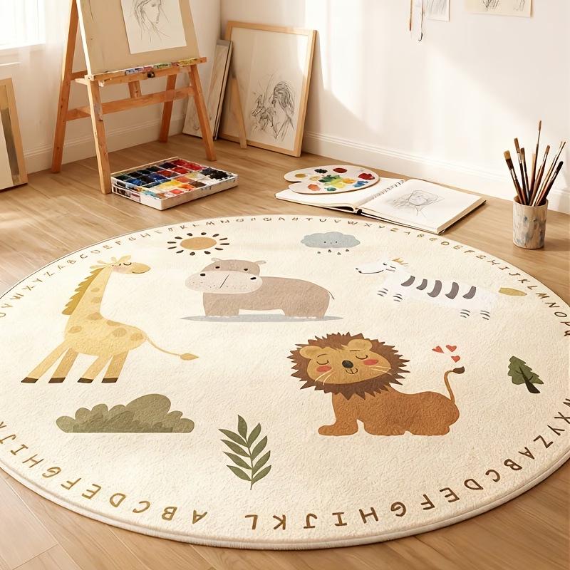 Cartoon Zoo Faux Cashmere Kids Round Rug - Lion & Sun Smiley Chair Cushion Diameter 60cm