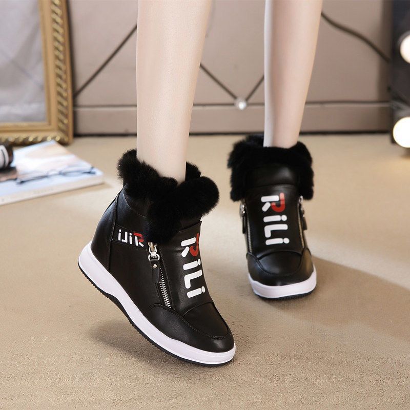 Rabbit Fur Inner Height Increase Women's Shoes Autumn and Winter New Warm Cotton Shoes Thick-soled Wedge Heel Double Zipper Casual Shoes Short Boots