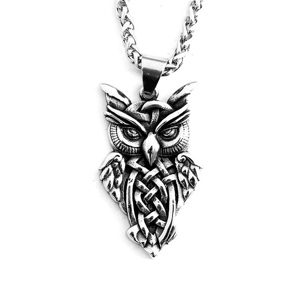 Retro Nordic Viking Owl Pendant Necklace Stainless Steel Scandinavian Amulet Celtics Knot Necklace for Men Jewelry