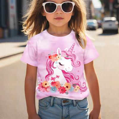 Summer Round Neck Animal Horse Cat Pattern 3D Printed Top Fashionable Casual Short Sleeved Children's Girl T-shirts