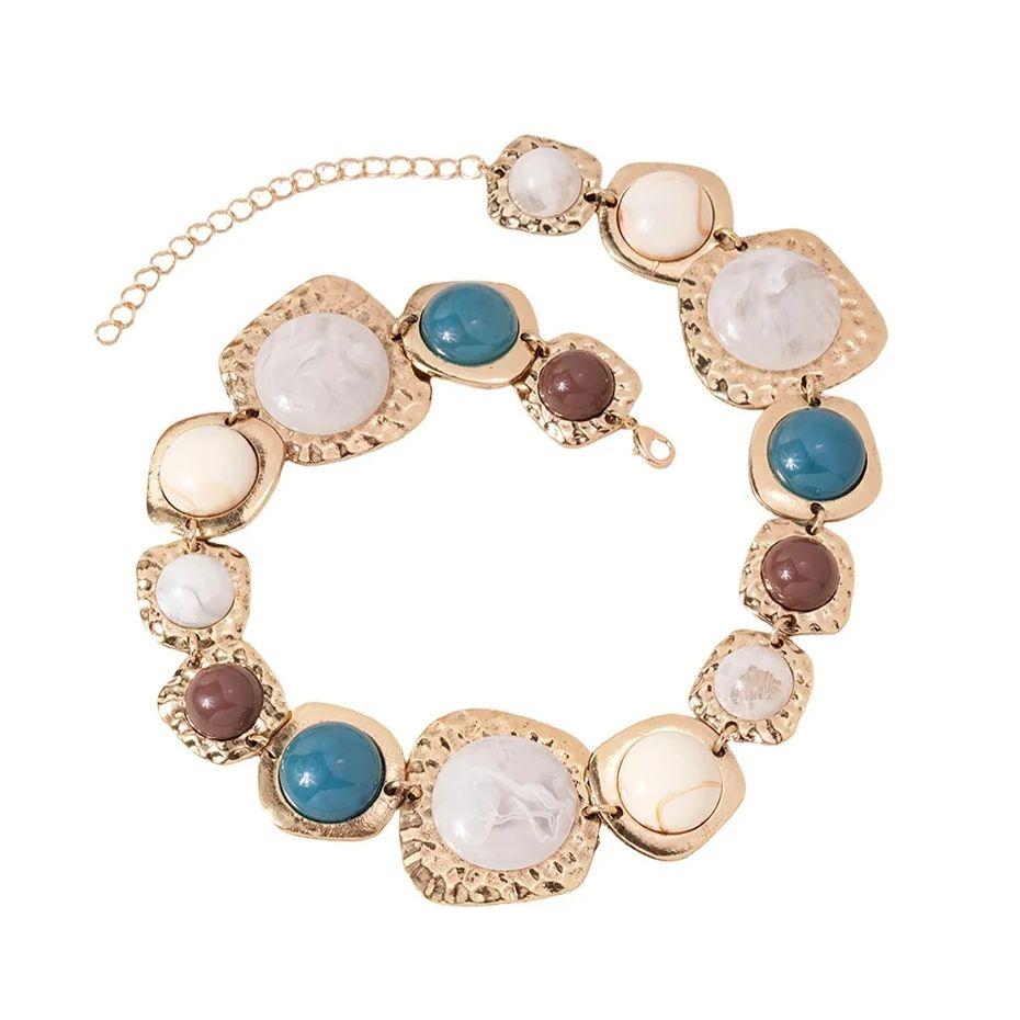 Vintage Gold Plated Resin Stones Necklace for Women Exaggerated Boho Ethnic Irregular Geometric Metal Choker Collar Jewelry Gift
