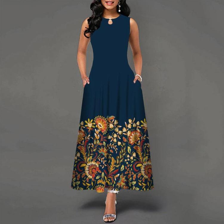 Women Summer Sleeveless V Neck Printed Maxi Dress