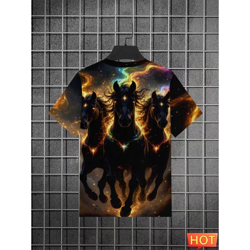 

3D Printed Flame Horse Graphic Men s T-shirt, Comfortable And Casual XXS