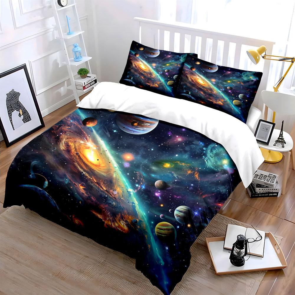 Space Galaxy Decor 3-Piece Set Bedding Set with 1 Duvet Cover 2 Pillowcases Single Double King Queen, Gift