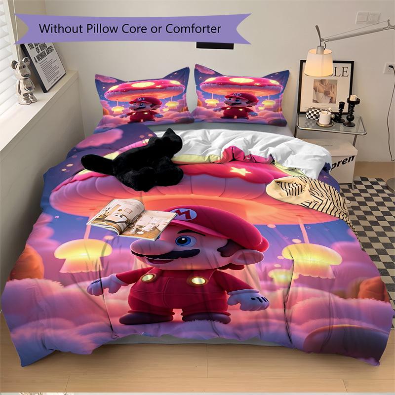 3pcs Mushroom, Mario Cover Set, 1 Cover + 2 Pillowcases (No Insert), Bedding for All Seasons, Bedding,Bedroom Decor yy250922002