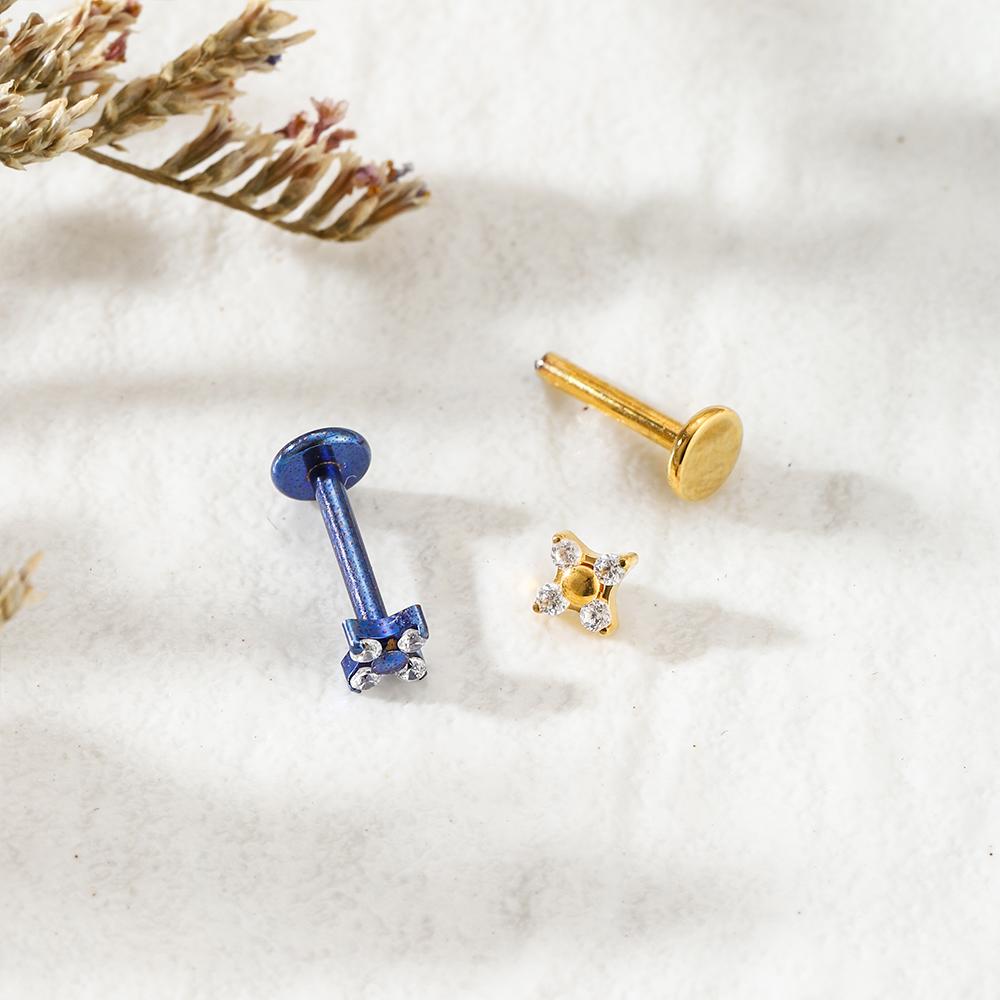 ASTM F136 Titanium Anodizing Four Petal Flower CZ Cartilage Earring 16G Internally Threaded Flat Back Labret Piercing Jewelry