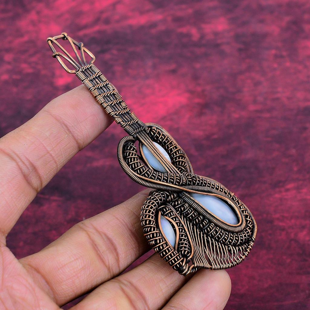 Mother Of Pearl Gemstone Pendant Handmade Copper Wire Wrapped Guitar Jewelry