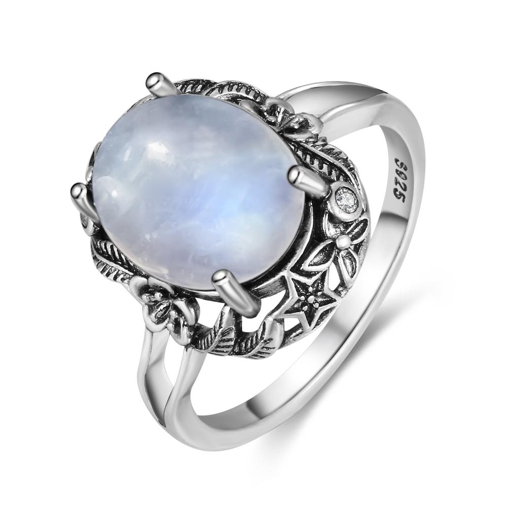 Vintage 925 Sterling Silver Natural Moonstone Rings Bohemia Oval Shape Retro Ring Gifts Fine Jewelry for Women Men