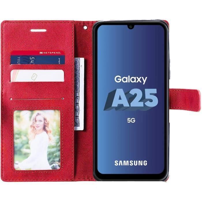 Coque de protection - Samsung - Galaxy A25 5G - Rouge - Antichoc - Cuir PU Rétro