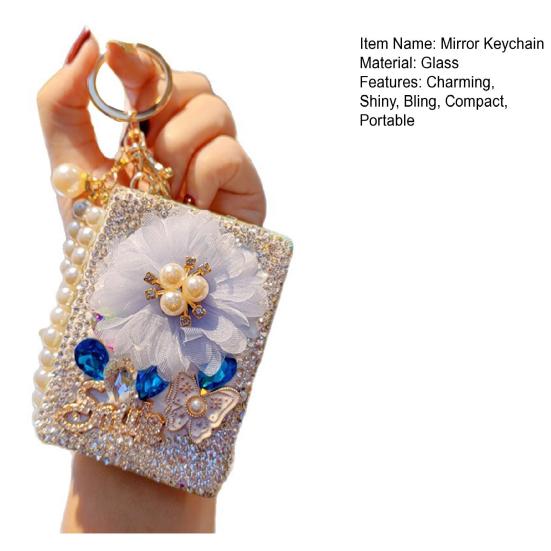Strass Doppel-Taschenspiegel Schlüsselanhänger Klein Bling Reise Klapp-Kosmetikspiegel Perlenkette Taschenanhänger für Damen Geldbörse Handtasche Geldbörse Zubehör