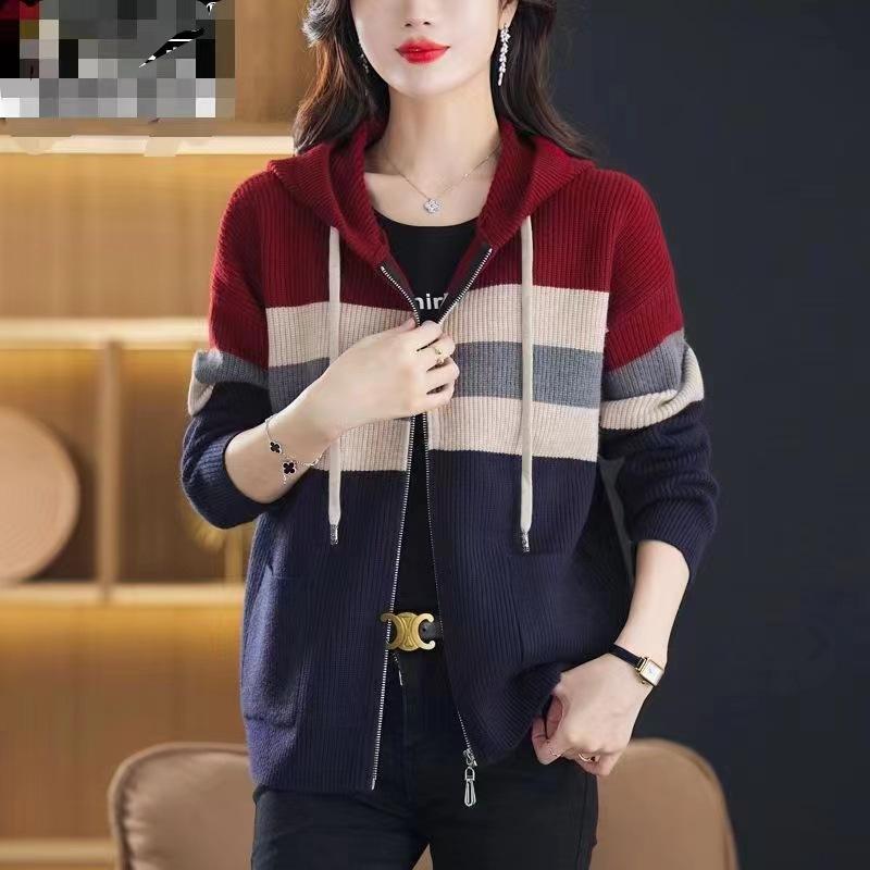 Autumn Color Matching Hooded Knitted Cardigan Women's Top New Women's Striped Sweater Jacket Autumn and Winter