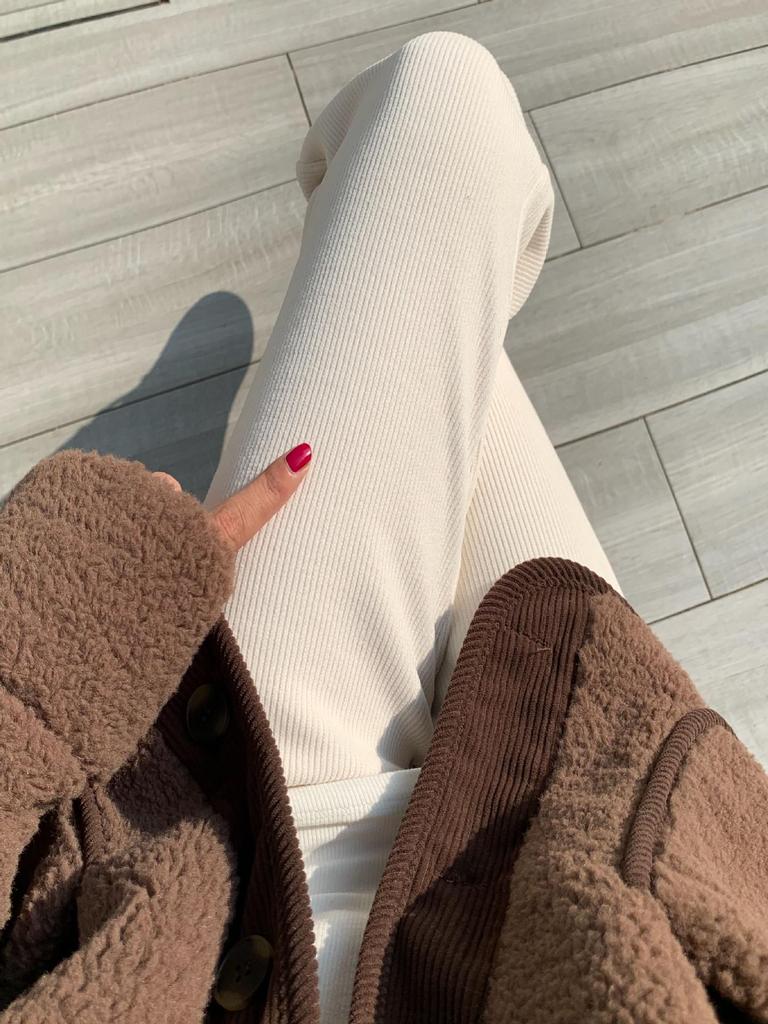 Damen Kaffeefarbene Chenille-Cordhose mit weitem Bein - Herbst/Winter Bodenlang, Lässig Gerades Bein - Weiß