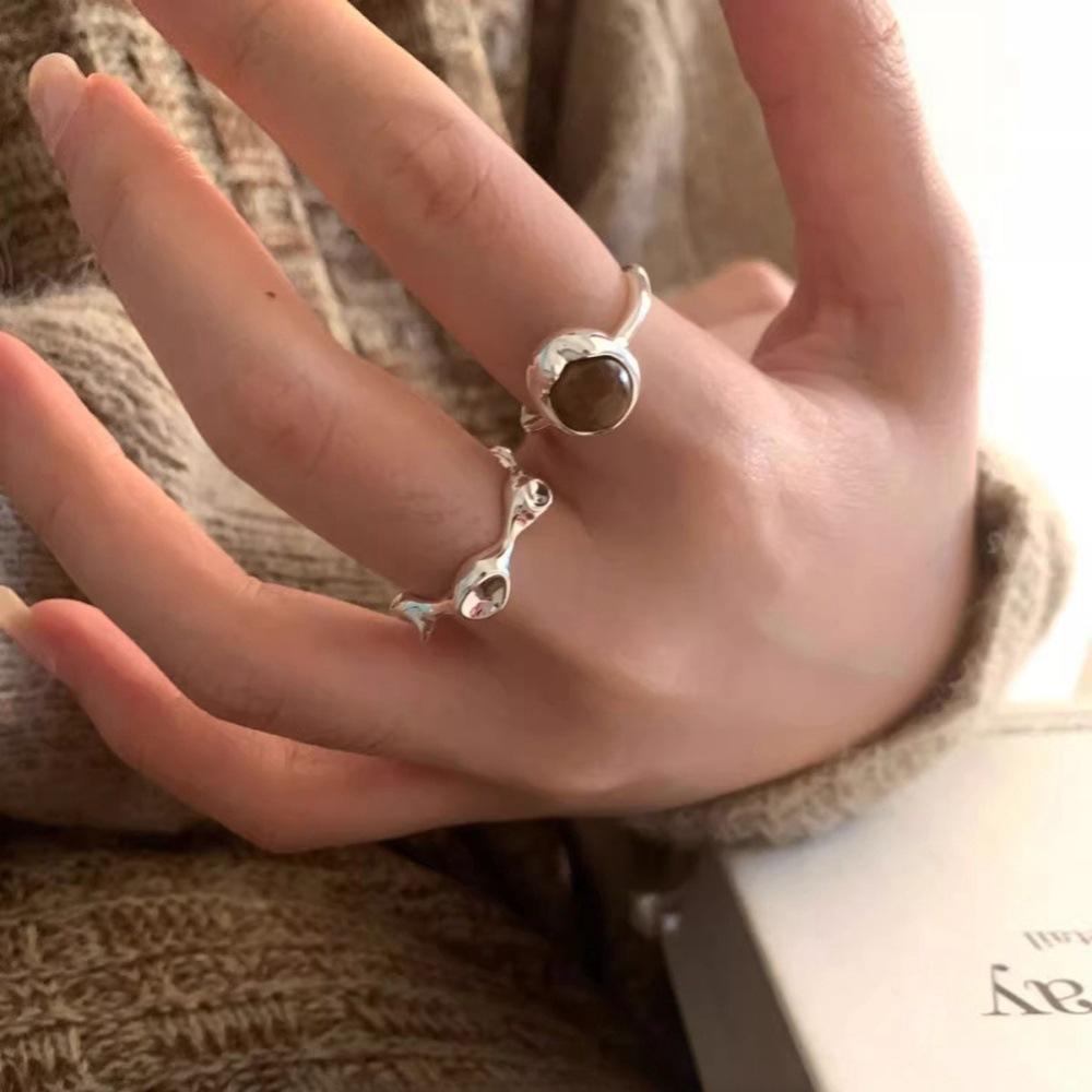 Light luxury s925 sterling silver open ring Light luxury tiger's eye stone niche solid special-shaped versatile ring