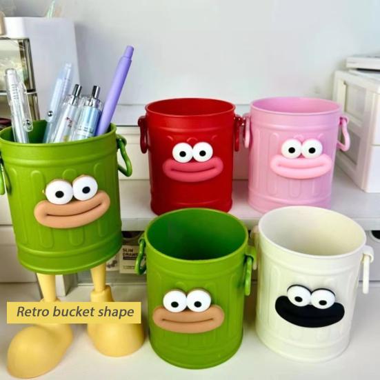 Cartoon Pen Holder Retro Bucket Shape Desk Organizer Large Capacity Storage Holder for Pens Pencils Makeup Brushes