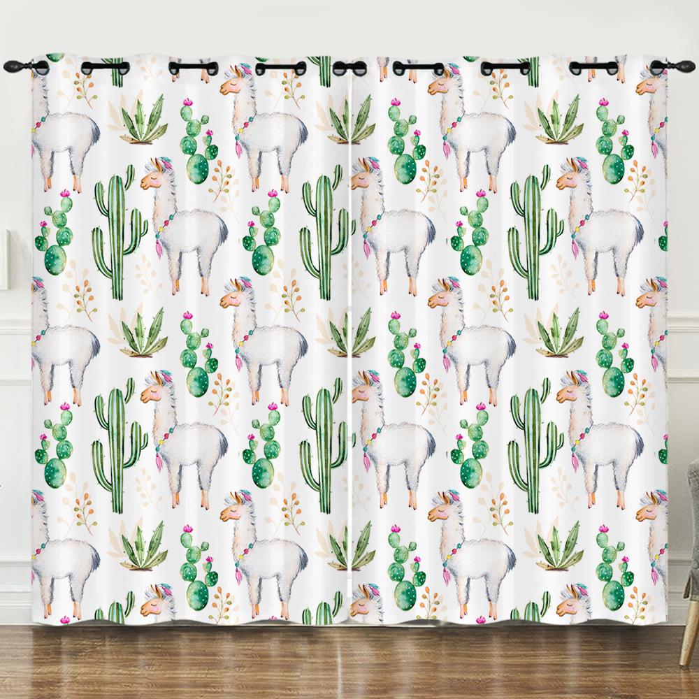 Curtains Fresh Green Plants Hand-Painted Cactus 3D Digital Printing Blackout Curtain Punching