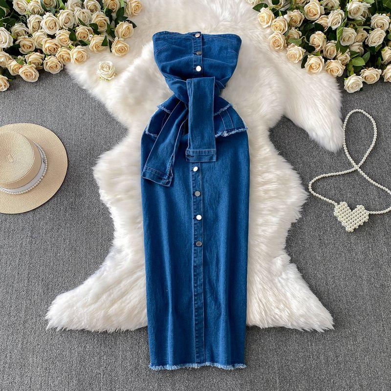 

Hong Kong Style Retro Ins Niche Tube Top Demin dress Women Summer Breasted Strap Waist Hugging Slimming Burr Long dress Dark blue XL