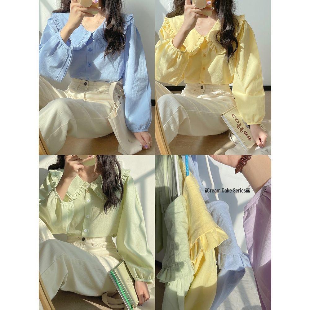 Damen Gelbes Milch Langarmshirt, Französischer Retro Puppenkragen, Schickes Frühling/Herbst Design, Süßer und Nischenstil.