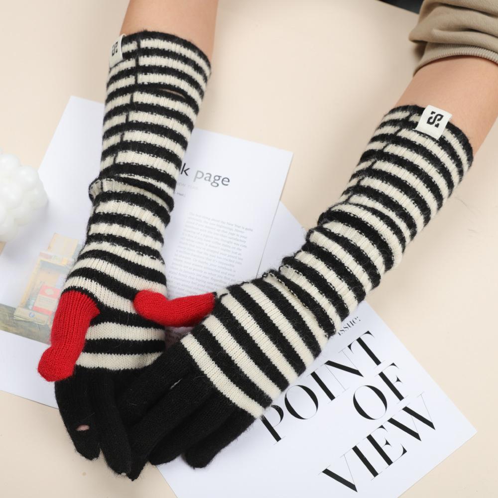 Koreanische Version von Strickhandschuhen mit verlängertem Farbblockdesign für Damen, Streifen, Retro, vielseitig, Herbst und Winter, Outdoor, warm, Fingerwollhandschuhe für Herren