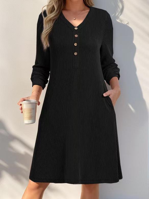 Cross-Border Casual V-Neck Ribbed Dress - Women's Long-Sleeved Autumn/Winter Fashion